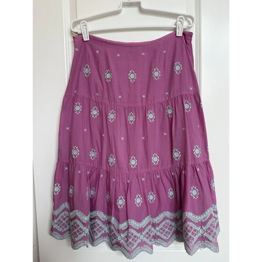 Tibi Women’s‎ Cotton Silk Pink Embroidered Tiered Scalloped Hem Skirt Sz 6 Lined